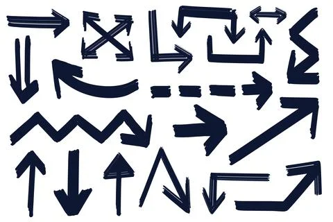 Bold brush or marker hand drawn black arrows with rough scribbles, direction Illustrazione stock