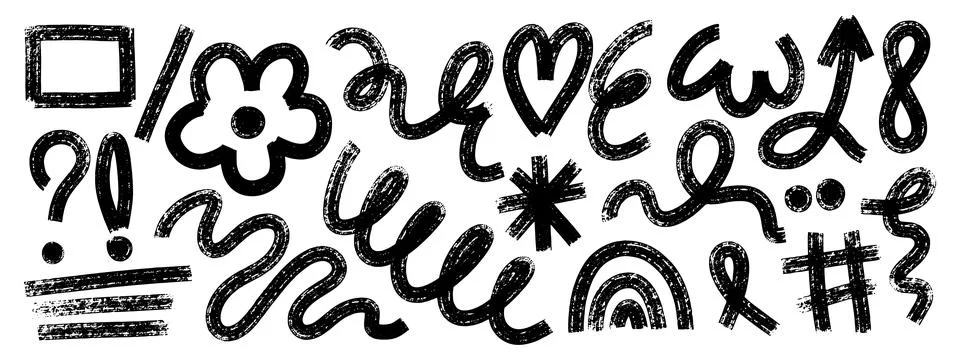 Bold brush squiggle set with thick hand drawn wavy lines, heart, rainbow, a.. Stock Illustration