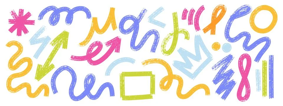 Bold brush squiggle set with thick curly doodle lines, rectangle, star, cro.. Stock Illustration