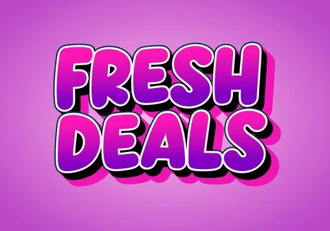 Bold bubble text reading fresh deals in purple and white with black shadow .. Stock Illustration