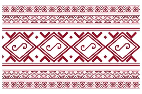 A bold burgundy folk border combines layered diamonds, zigzags, and curled .. Stock Illustration