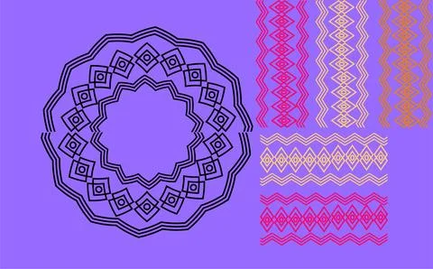A bold circular mandala formed by layered rings and square motifs sits on a.. Stock Illustration