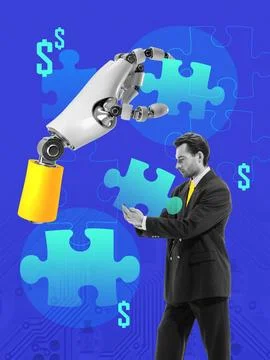 Bold collage with 3D robot hand placing puzzle piece with thoughtful businessman Stock Photos
