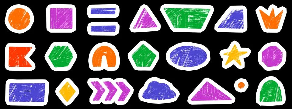 Bold collage shape cutout with kid geometric paper figure look. Crayon square, Stock Illustration