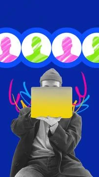 Bold colorful poster. Recruiter using laptop surrounded by colorful candidate 스톡 사진