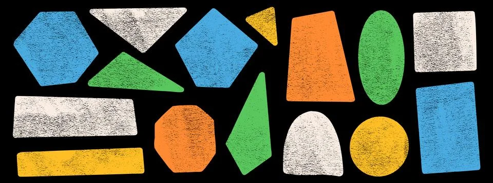 Bold colorful shapes on black with crayon ink and grunge rectangle. Geometric Stock Illustration