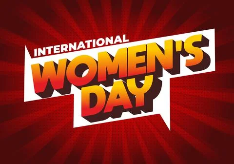 Bold comic style 3d text reading international womens day on red radial hal.. Stock Illustration