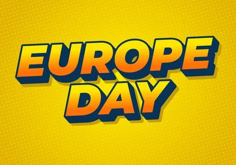 Bold comic style 3d text EUROPE DAY in orange gradient with dark blue shado.. Stock Illustration