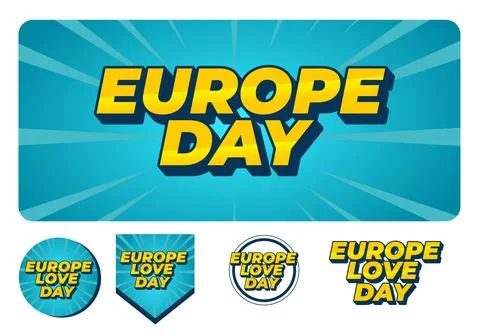Bold comic style europe day graphic with yellow text on teal burst backgrou.. Stock Illustration