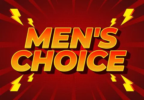 Bold comic style mens choice text in yellow and red with lightning bolts on.. Stock Illustration