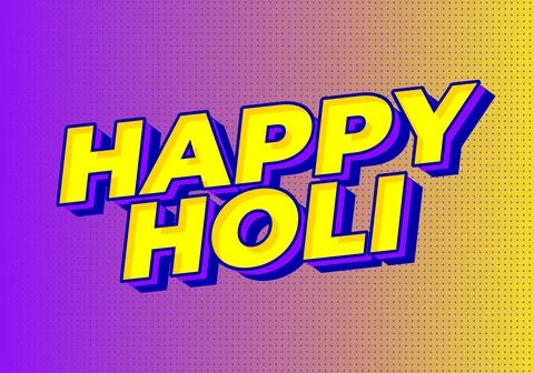 Bold comic style text happy holi in yellow with purple outline on a purple .. Stock Illustration