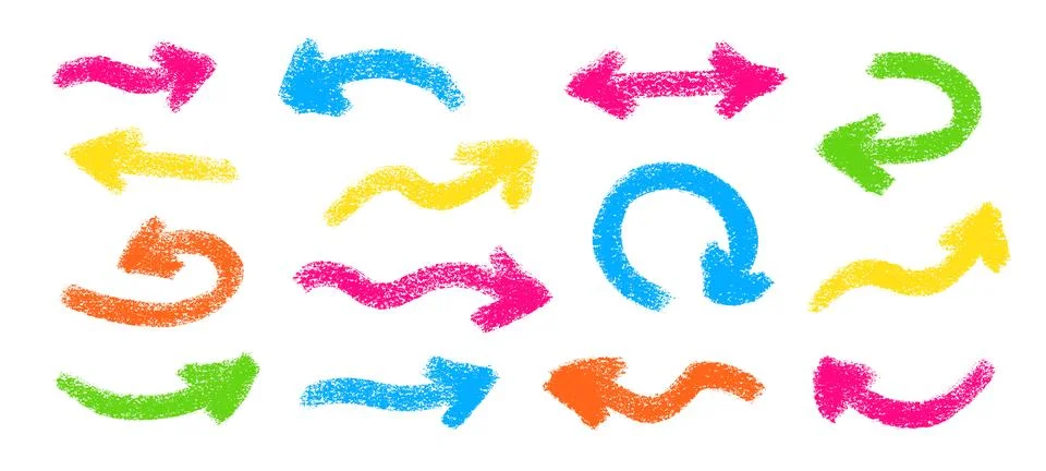 Bold Crayon Arrow Squiggle Vector Icon Set. Thick Line Chalk Scribble Pointer Stock Illustration