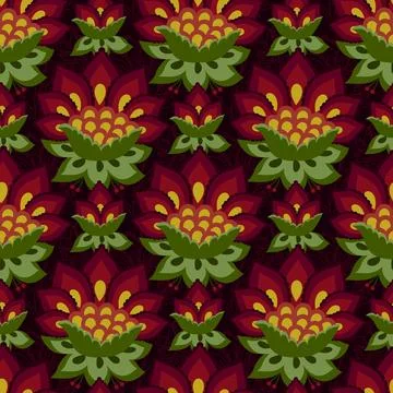 Bold dark floral pattern, rich Renaissance colors red green gold, seamless ve Ilustração Stock