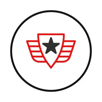 Bold emblem showcasing shield, wings, and star design within circular borde.. Stock Illustration