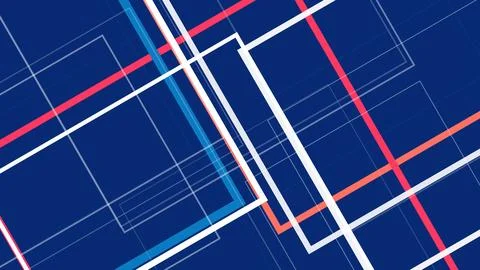 Bold geometric background with layered blue grids and crisp red and white d.. Stock Illustration