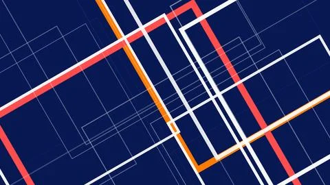 Bold geometric chart lines in orange, red, and white rise and cross over a .. Illustrazione stock