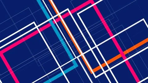Bold geometric grid lines in deep blue with bright pink and orange accents .. Stock Illustration