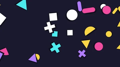 Bold geometric shapes with solid shadows floating in parallax layers on dark Stock Footage 348296483