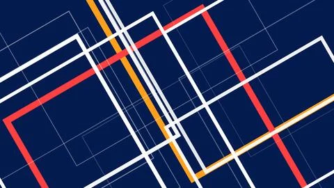 Bold geometric stripes and grid lines ripple across a deep navy background,.. Stock Illustration