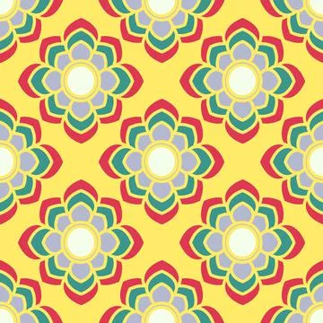 Bold Geometric Symmetrical Floral Pattern In Red, Green And Yellow Stock Illustration