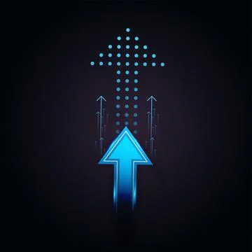 A bold, glowing blue arrow dominates the center of a dark background, symbo.. Stock Illustration