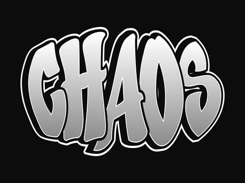 Bold graffiti artwork featuring the word chaos in silver and black against .. Stock Illustration