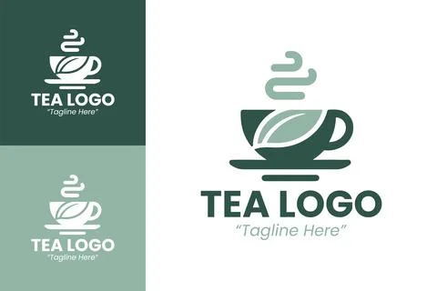 Bold Green Tea Logo with Leaf Symbol and Abstract Steam Swirls イラスト素材