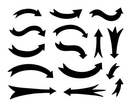 Bold hand drawn arrows set. Vector line doodles isolated on white background. Stock Illustration