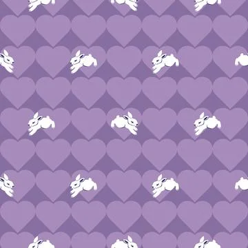 Bold hearts grid seamless pattern with tiny Easter bunny . Cute net repeating he Stock Illustration