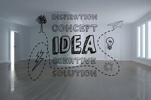 Bold IDEA graphics are linking with dotted lines and doodles on studio walls in Stock Illustration
