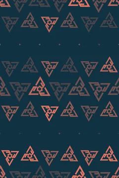 Bold interlocking triangular emblems drift across a dark blue field in cora.. Illustrazione stock