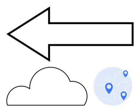 Bold left arrow, cloud outline, blue map with location pins for navigation,.. Stock Illustration