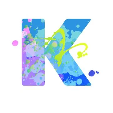 Bold letter K with effect of liquid spots of paint in blue, green, pink colors Stock Illustration