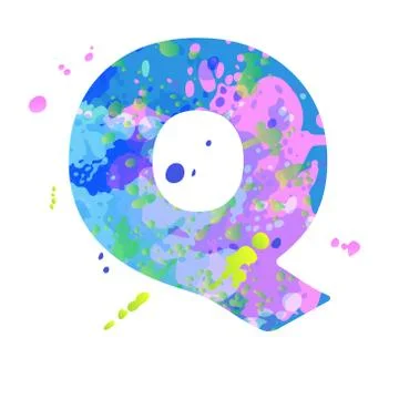 Bold letter Q with effect of liquid spots of paint in blue, green, pink colors Stock Illustration