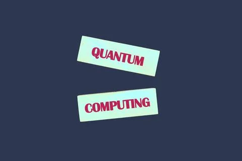 Bold letters display the terms quantum and computing against a blue backgroun Stock-Fotos