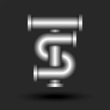 Bold letters TS or ST initials monogram 3d logo luxury silver pipes shape, .. Stock Illustration