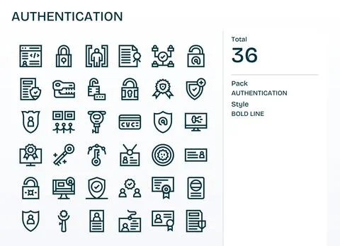 Bold Line Editable Vector Icons from Authentication Set with 36 High Resolu.. Stock Illustration