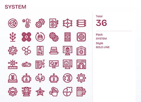 Bold Line Editable Vector Icons from System Set with 36 64x64 Icons Stock Illustration