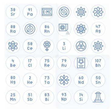 Bold Line Style Atomic Vector Icons with 36 256x256 Grid Fitted Designs Stock Illustration