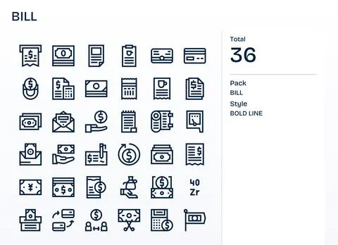 Bold Line Style Bill Vector Icons with 36 256x256 Grid Fitted Designs Stock Illustration
