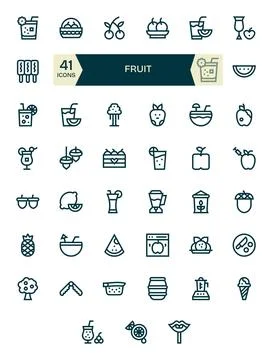 Bold Line Style Fruit Vector Icons with 41 High Resolution Editable Designs Stock Illustration