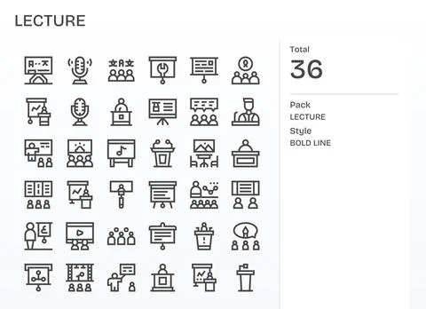Bold Line Style Lecture Vector Icons with 36 High Resolution Display Perfec.. Stock Illustration