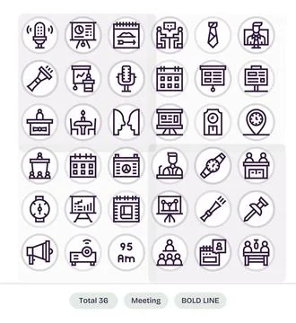 Bold Line Style Meeting Vector Icons with 36 64x64 Grid Fitted Designs Stock Illustration