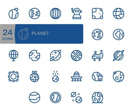 Bold Line Style Planet Vector Icons with 24 Retina Ready Pixel Optimized De.. Stock Illustration