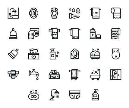Bold Line Style Sanitary Vector Icons with 28 256x256 Editable Designs Stock Illustration