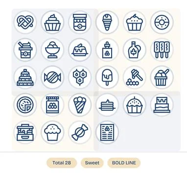 Bold Line Style Sweet Vector Icons with 28 256x256 Editable Designs Stock Illustration