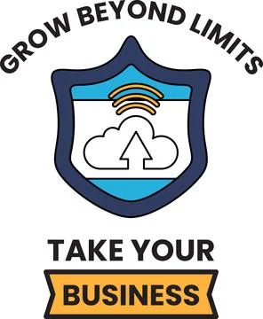 Bold lines define a shield with upward arrow and cloud Stock Illustration