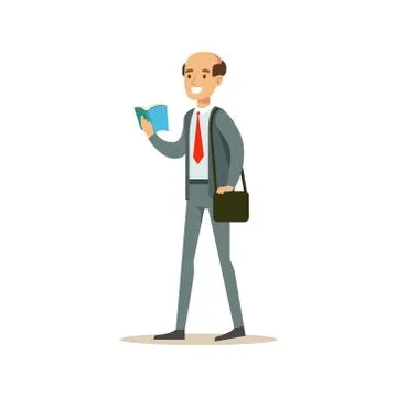 Bold Man Teacher Walking Reading A Book, Smiling Person In The Library Vector Ilustración de archivo