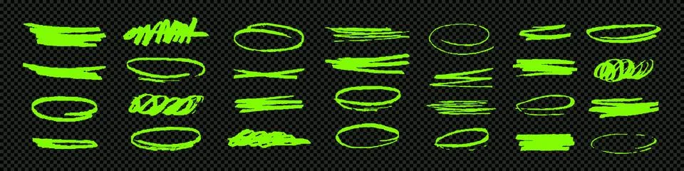 Bold marker highlight lines and oval shapes set. Bright green hand drawn st.. Stock Illustration
