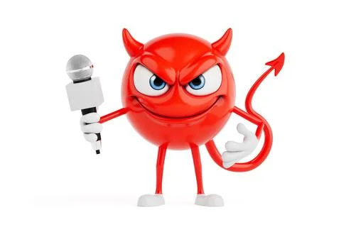 Bold Media Expression Concept. Red Evil Cartoon Character Holding Microphon.. Stock Illustration